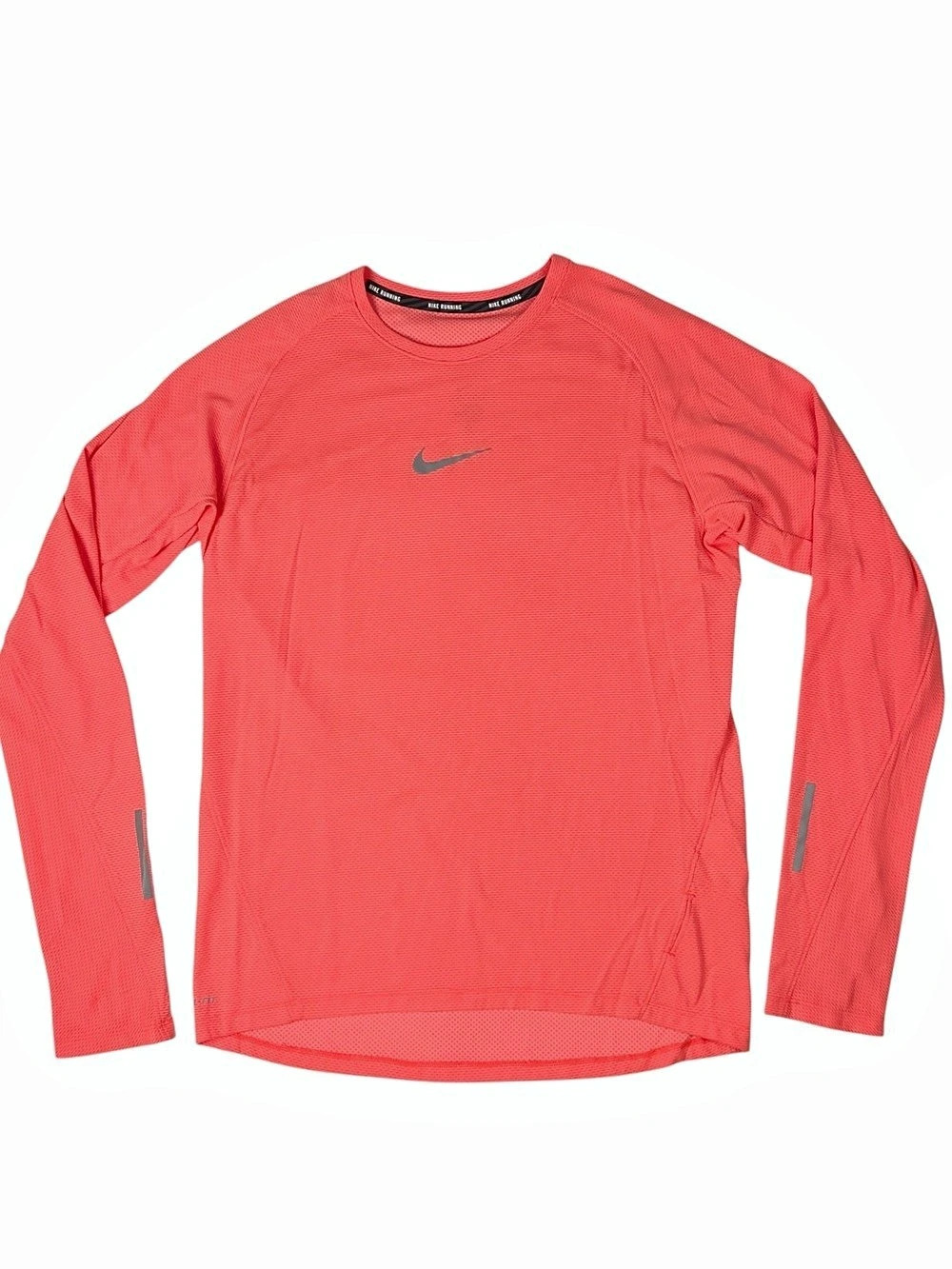 Nike Dri-Fit Running Neon Coral Long Sleeve Top Mens L Thumb Holes